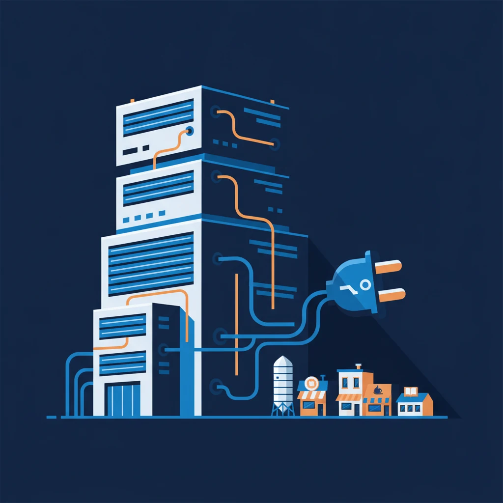A giant data center looming over a tiny rural main street, connected by an oversized power plug