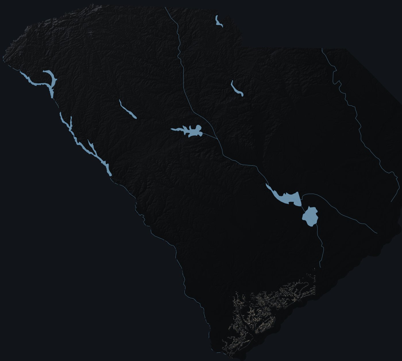 South Carolina shaded relief terrain map